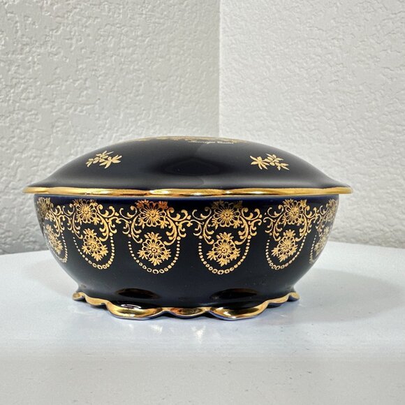 VTG Limoges Castel France Deep Cobalt Blue 22K Courting Scene Trinket Box EUC - Picture 10 of 16